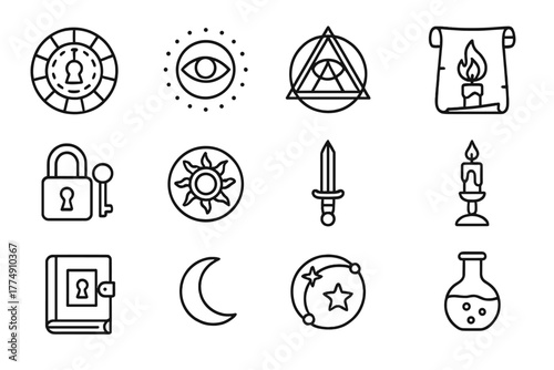 Mystical Symbols Collection. Line style icons of Hidden Knowledge: Cipher Wheel, Occult Mark, Arcane Diagram, Initiation Scroll;