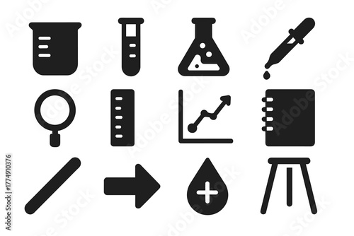 Laboratory Tools Icons. Solid style icons of laboratory and experimental tools: beaker, test tube, flask, pipette, magnifying