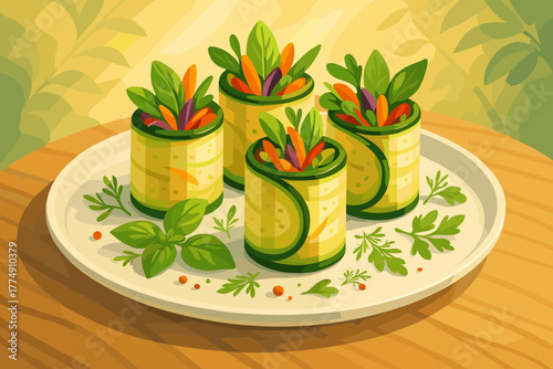 Gourmet Zucchini Rolls. Gourmet plate of zucchini rolls filled with vibrant vegetables and herbs, illuminated by vector