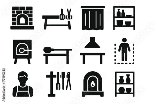 Glassmaking Studio Icons. Solid style icons of glassmaking studio: furnace room, bench with tools, protective curtain, storage
