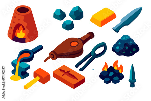 Ancient Metallurgy Tools. Isometric vector illustration set Ancient Metallurgy: pit smelting furnace, ore fragments, tin ingot,