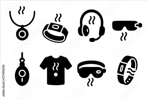 Scent-Enabled Wearables. Solid style icons of scent-enabled wearables: smart necklace diffuser, wristband with scent module,