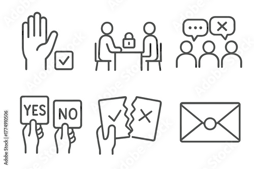 Juror Decision Icons. Line style icons of Juror Decision-Making: voting hand, private deliberation, group debate, yes/no cards,