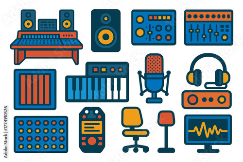 Recording Studio Icons. Flat vector icons of Recording Studio Setup: control room desk, nearfield monitor, rack compressor, mixing