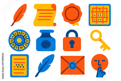 Renaissance Cryptography Icons. Flat vector icons of history of cryptography in the Renaissance: quill pen, parchment scroll, wax