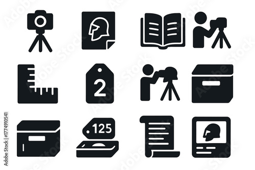 War Artifact Icon Set. Solid style icons of documenting war finds: camera tripod, artifact sketch, logbook, measuring scale,