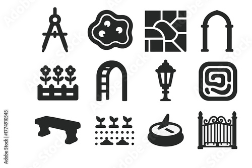 Garden Design Icons. Solid style icons of garden design: compass layout, ornamental pond, geometric paths, flower bed border,