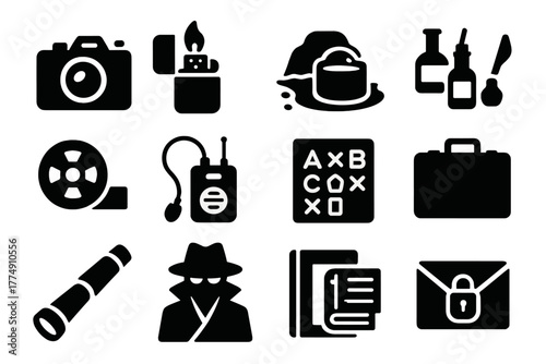Cold War Espionage Icons. Solid style icons of Cold War espionage: hidden camera, cigarette lighter recorder, dead drop, invisible