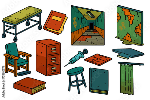 Forgotten Asylum Icons. Isometric vector illustration set Forgotten Asylum: wheeled gurney, folded medical chart, desolate