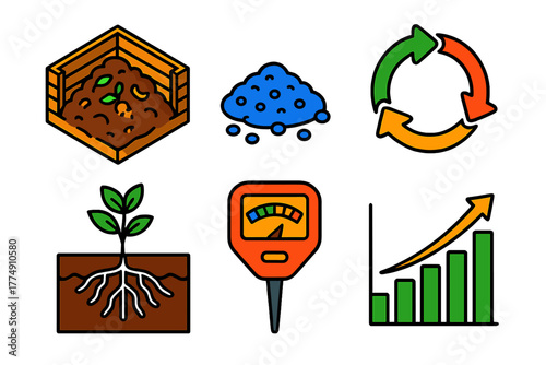 Soil Fertility Icons. Isometric vector illustration set Soil Fertility: compost pile, fertilizer granules, nutrient cycle arrows,