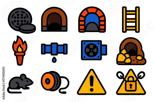 Hidden Tunnels Icons. Flat vector icons of Hidden Tunnels: manhole cover, underground passage, brick arch, ladder, torch, water