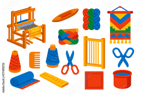 Artisan Weaving Tools. Isometric vector illustration set Artisan Weaving: traditional loom, weaving shuttle boat, colorful thread