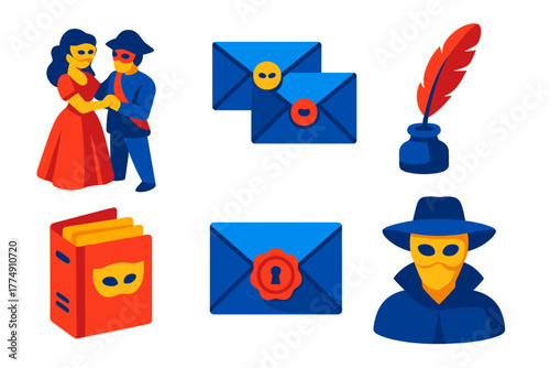 Historical Anonymity Icons. Isometric vector illustration set History of anonymity: masked figures at a ball, anonymous letters,