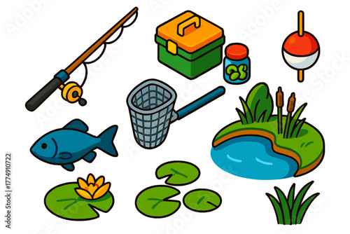 Park Fishing Essentials. Isometric vector illustration set Park activities – fishing rod, tackle box, bait jar; bobber float, fish