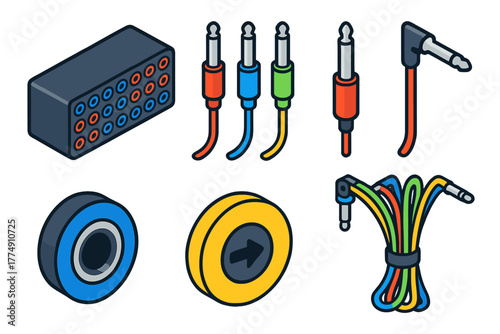 Colorful Cable Connections. Isometric vector illustration set Patch Cable Routing: patch bay panel, colored cables, input jack,