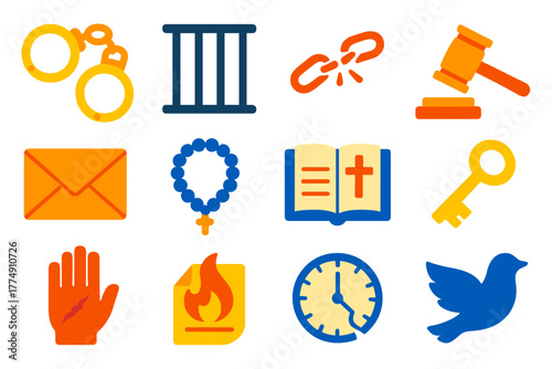 Crime and Atonement Icons. Flat vector icons of Crime and Atonement: handcuffs, prison bars, broken chain, courtroom gavel, folded
