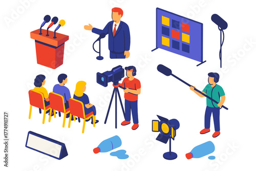 Vivid Media Icons. Isometric vector illustration set News and media – press conference podium, speaker microphone, logo backdrop;