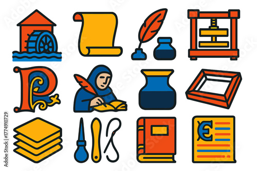 Medieval Papermaking Icons. Flat vector icons of medieval European papermaking: waterwheel mill, parchment scroll, quill pen,