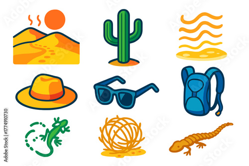 Desert Hiking Adventure. Isometric vector illustration set Hiking trails – sand dunes, cactus silhouette, sun heat haze; wide-brim