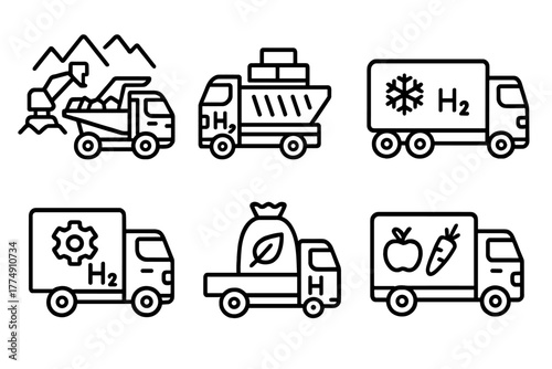 Hydrogen Truck Icons. Line style icons of hydrogen truck use in industry: mining site hydrogen truck, construction material hauler