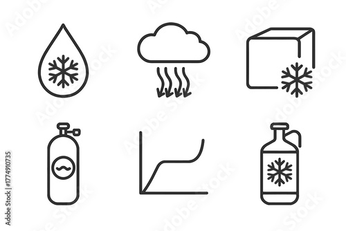 Cryogenic Material Icons. Line style icons of cryogenic materials: liquid helium droplet, supercooled gas icon, solid CO2 block,