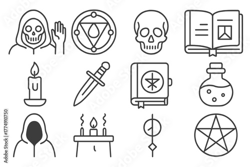 Occult Ritual Icons. Line style icons of Dark Occult: Raising the Dead, Ritual Circle, Skull, Secret Knowledge; Candle, Dagger,