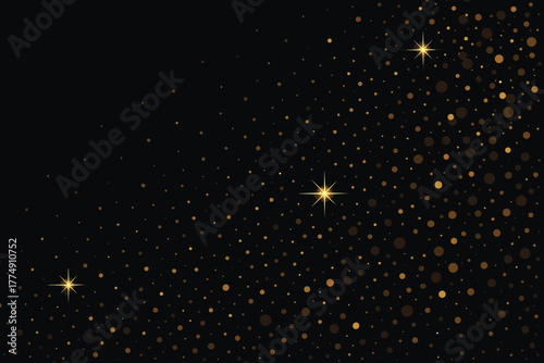 Elegant Gold Particles. Luxurious macro shot of vector illustration sparkling gold particles scattered on a rich dark background,