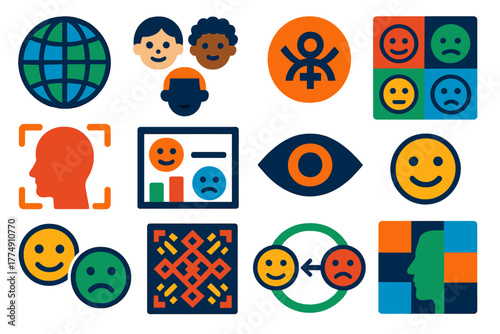Cross-Cultural Expression Icons. Flat vector icons of cross-cultural recognition of expressions: globe, diverse face icons,