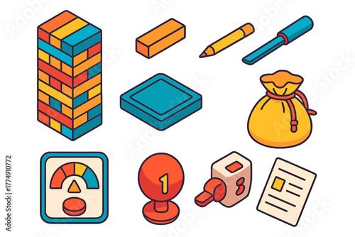 Colorful Board Game Icons. Isometric vector illustration set Board games – stacked blocks tower, single block, base platform; draw