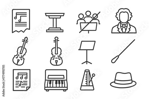 Forgotten Musical Symbols. Line style icons of Forgotten Notes: Unfinished Score, Conductor's Podium, Silent Orchestra, Lost