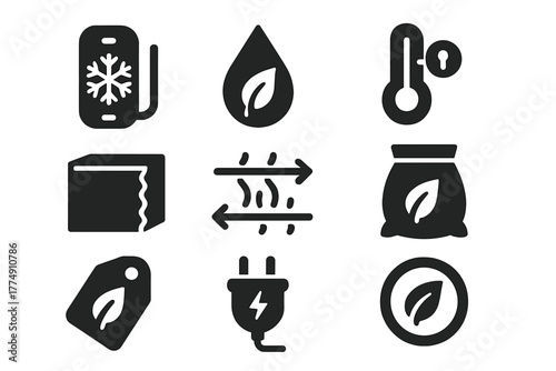 Environmental Control Icons. Solid style icons of environmental controls: frost-free chamber sensors, humidity regulation icon,