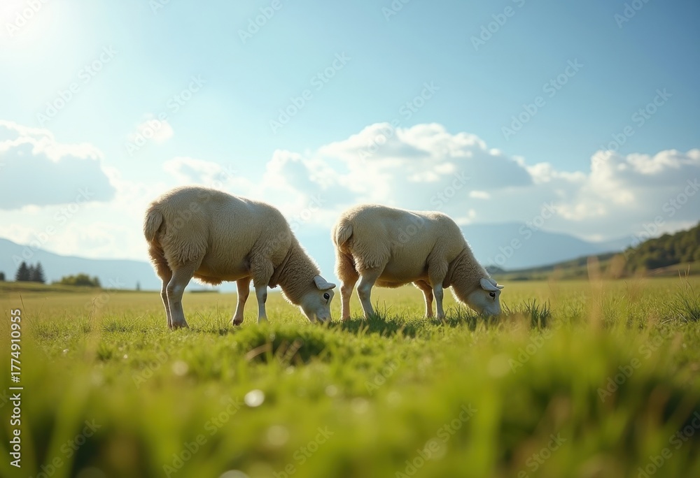 Obraz premium Charming Pastoral Scene with Grazing Sheep in a Serene Meadow under a Clear Sky