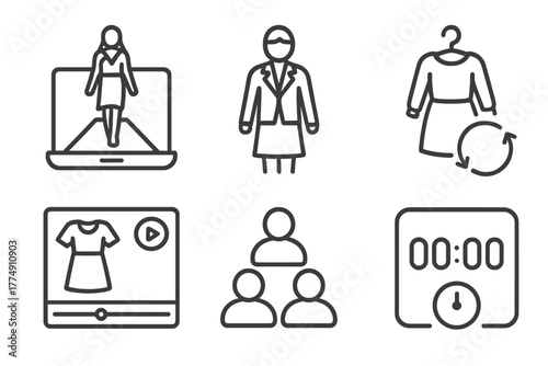 Virtual Fashion Icons. Line style icons of virtual fashion shows: model walking on virtual runway, digital avatar in designer