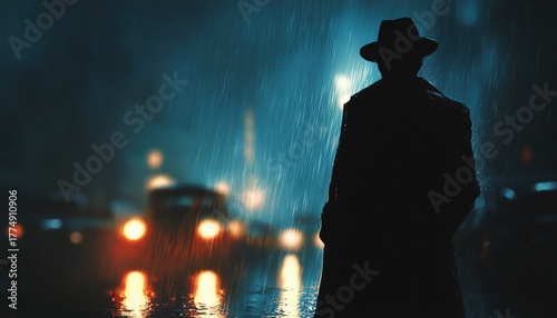 Mysterious Detective: A Shadowy Figure In Trench Coat And Fedora, Braving The Rain On A Noir Film Set Street.