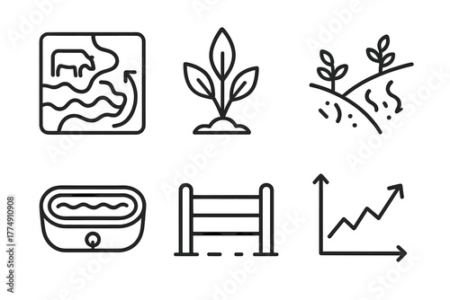 Pasture Management Icons. Line style icons of Pasture and Range Management: grazing map, native plant icon, erosion control symbol