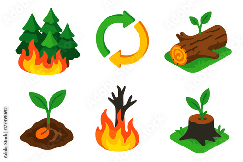 Natural Fire Ecosystem. Isometric vector illustration set Role of Natural Fires: burning pine forest, nutrient recycling arrows,