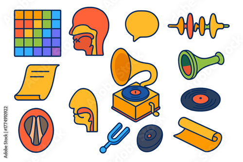Retro Phonetics Icons. Isometric vector illustration set Vintage Phonetics: IPA square chart, vocal tract anatomy, stylized