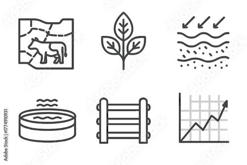 Pasture Management Icons. Line style icons of Pasture and Range Management: grazing map, native plant icon, erosion control symbol