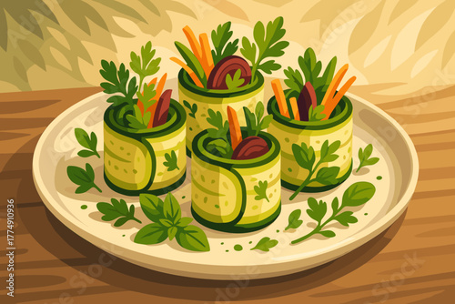 Gourmet Zucchini Rolls. Gourmet plate of zucchini rolls filled with vibrant vegetables and herbs, illuminated by vector