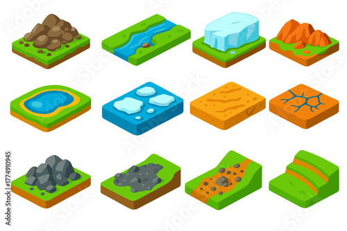 Glacial Retreat Icons. Isometric vector illustration set Glacial Retreat: moraine accumulation, meltwater brook, shrinking ice