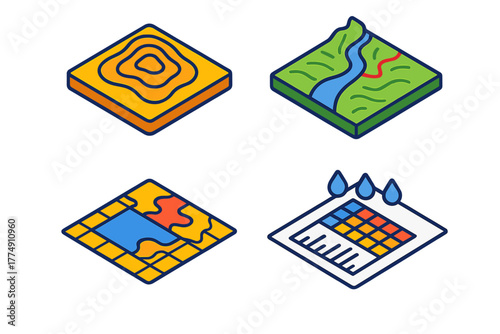 Flood Analysis Tools. Isometric vector illustration set Floodplain Analysis Tools: Elevation contour model, watershed boundary