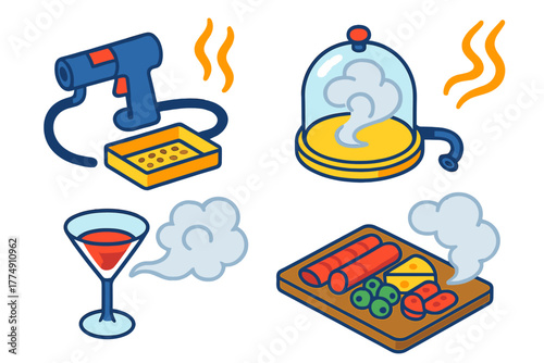 Cooking Technique Icons. Isometric vector illustration set Cooking techniques – smoking gun, dome cloche, smoke lines; wood chip