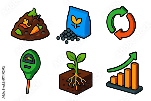 Soil Fertility Icons. Isometric vector illustration set Soil Fertility: compost pile, fertilizer granules, nutrient cycle arrows,