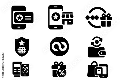 Hybrid Loyalty Icons. Solid style icons of hybrid loyalty systems: points card with phone, app + store stamp icon, reward progress