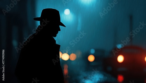 Mysterious Figure: Man In Raincoat And Hat Under Cover Of Night In An Urban Crime Noir Setting Stands Silhouetted.