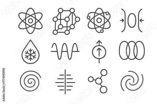 Cold Physics Icons. Line style icons of cold physics: atom, crystal lattice, energy level, magnetic field; frozen droplet, photon