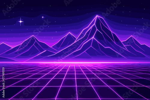 Retro Sci-Fi Landscape. Neon vector illustration retro landscape with glowing purple mountains and a grid-style horizon, vivid