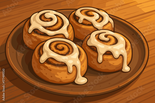 Warm Cinnamon Rolls. Freshly baked cinnamon rolls drizzled vector illustration with cream cheese frosting, served on a rustic
