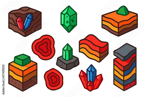 Gem Formation Illustrations. Isometric vector illustration set Gem formation: ruby and sapphire veins, emerald inclusions,