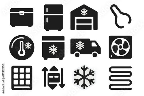 Refrigeration Icon Set. Solid style icons of refrigeration: icebox chest, refrigerator door, cold storage warehouse, ice tongs,